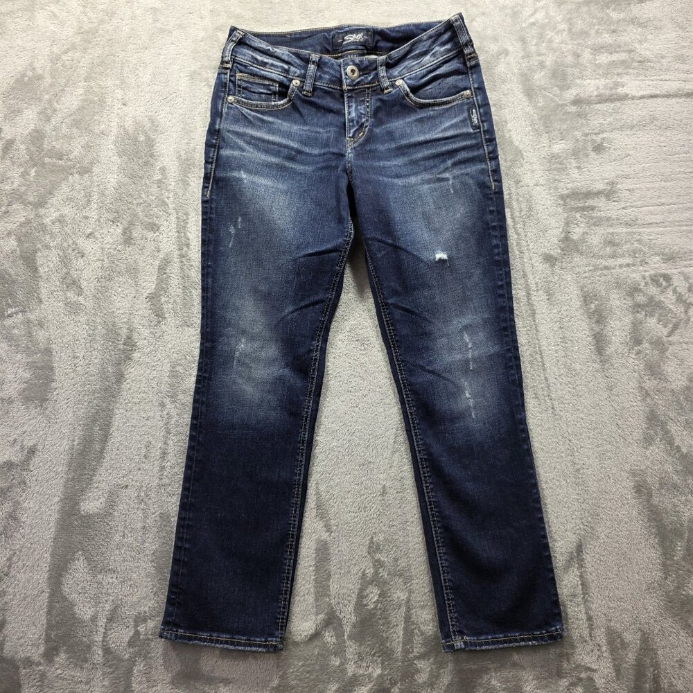Silver Jeans Suki Capri Womens 27 Blue Distressed Denim Cropped Mid Rise Pants